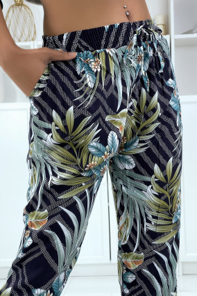 Pantalon fluide marine à motif floral a-14 - 1