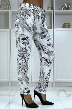 Pantalon fluide blanc à motif floral B-47 - 2