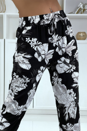 Pantalon fluide noir à motif floral B-47 - 4