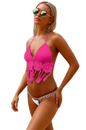 Pink 2-piece crochet and neoprene swimsuit