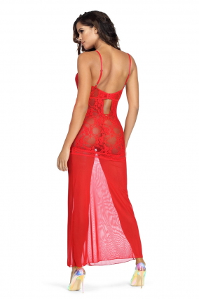 Long red nightie in veil and lace